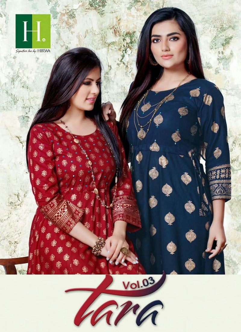 Hirwa Tara 3 Ethnic Wear Latest Fancy Rayon Gold prints with mirror work  Flair Designer  Kurti Collection